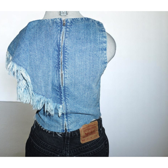 Zara Trafaluc Denimwear Frayed Ruffle Denim Crop Top XS Cotton Fringe Western - Picture 9 of 10